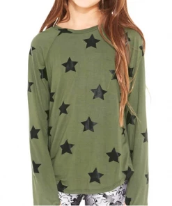Terez Youth Black Big Star Foil On Army Green L/S Top